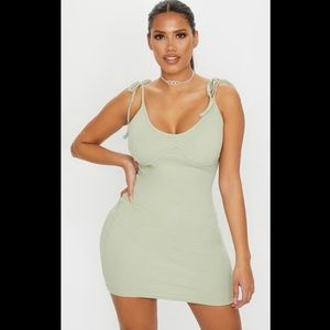 ✨PrettyLittleThing Shape Sage Green Rib Tie Shoulder Bodycon Mini Dress Size 4